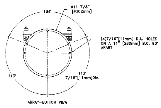 LIEX 710 fog signal bottom view drawing: four 7/16 in (11 mm) holes on an 11 in (280 mm) bolt circle, 11-7/8 in (302 mm) diameter