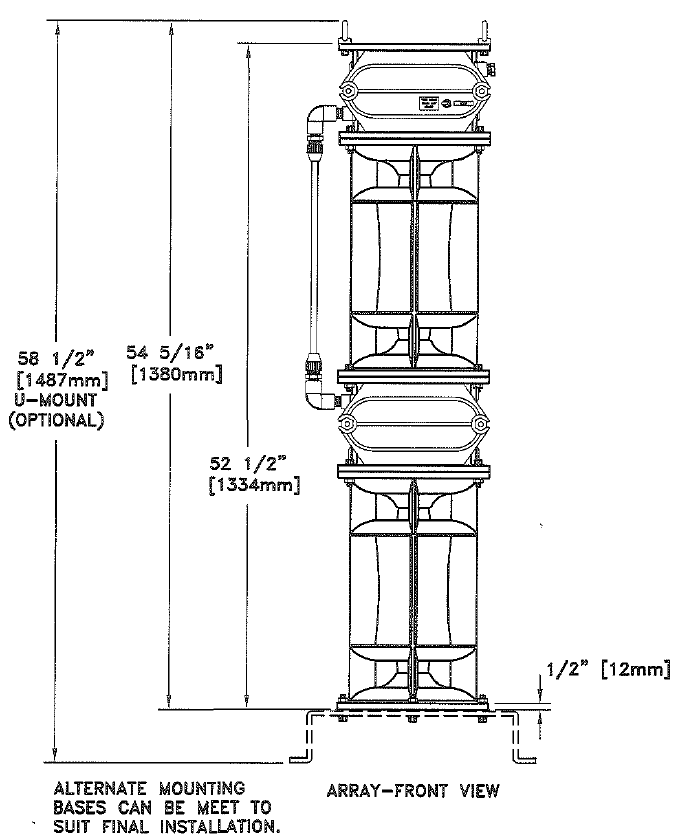 LIEX 710/22 fog signal front view drawing: 52-1/2 in (1334 mm) body, 54-5/16 in (1380 mm), 58-1/2 in (1487 mm) with optional U-mount