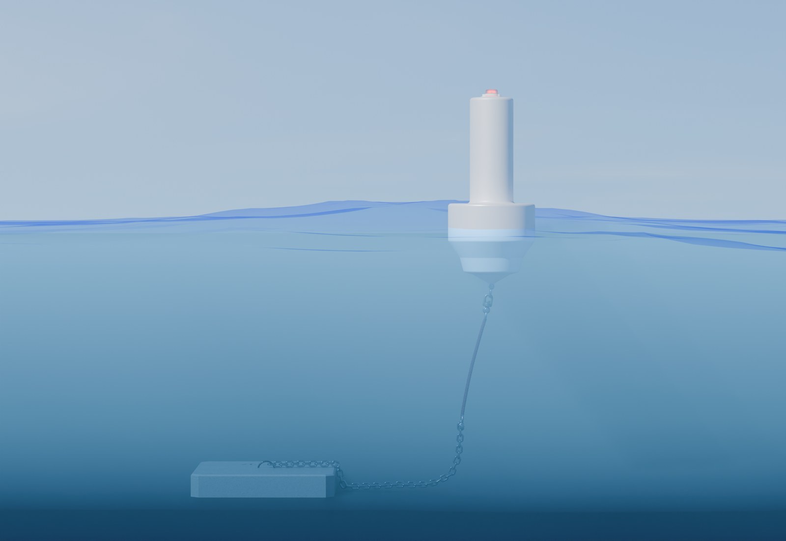 Rendering of the M-711LP 700 mm class inland water buoy moored with chain to a concrete anchor block